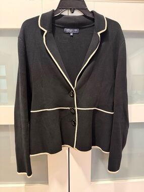 Jones New York Black Knit Cardigan with Cream Piping Trim Size Large